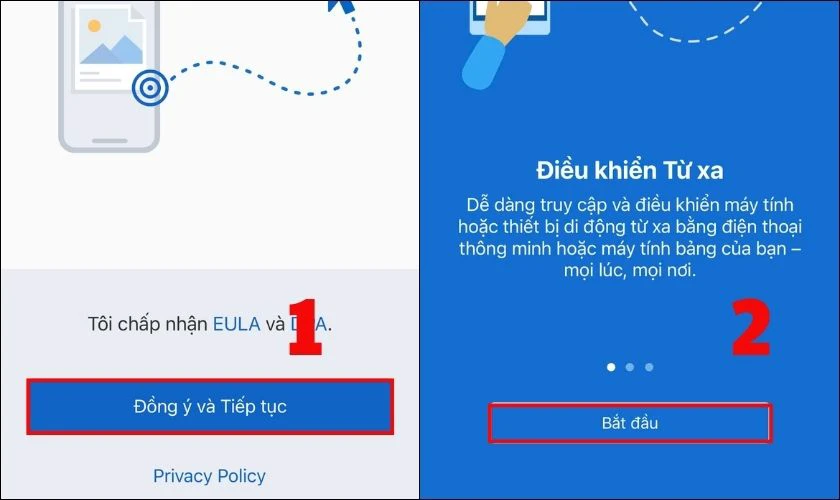 Nhấn Đồng ý và Tiếp tục để chấp nhận EULA và DPA sau đó nhấn Bắt đầu