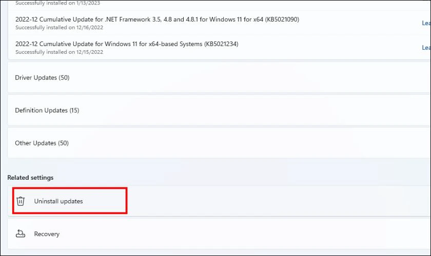 Chọn Uninstall updates