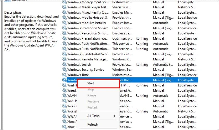 Bạn quay lại cửa sổ Services, tìm đến Windows Update, nhấp chuột phải và chọn Start