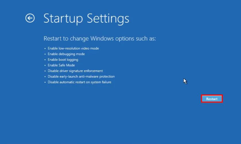 Nhấn vào nút Restart ở góc phải