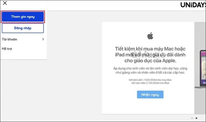 C&aacute;ch x&aacute;c minh UNiDAYS Apple - Bước 1: Truy cập v&agrave; tạo t&agrave;i khoản tr&ecirc;n trang chủ UNiDAYS