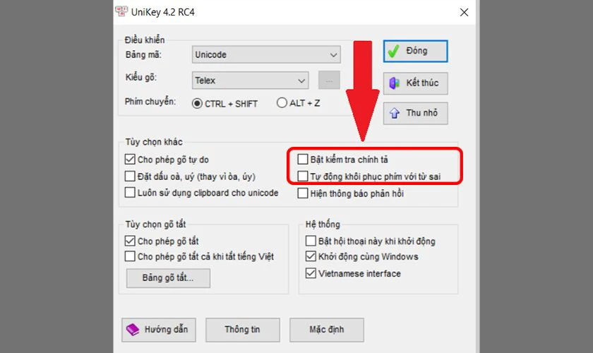 Bỏ chọn Bật kiểm tra ch&iacute;nh tả v&agrave; Tự động kh&ocirc;i phục ph&iacute;m với từ sai