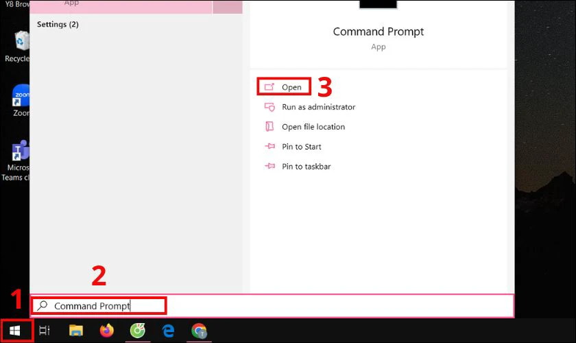 Nhấn chọn biểu tượng Windows trên màn hình, tìm và chọn Command Prompt