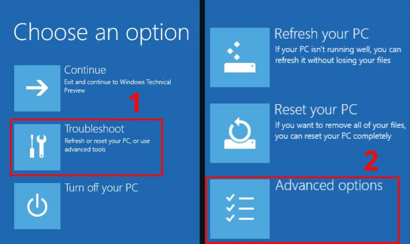Nhấn chọn Troubleshoot và chọn Advanced options