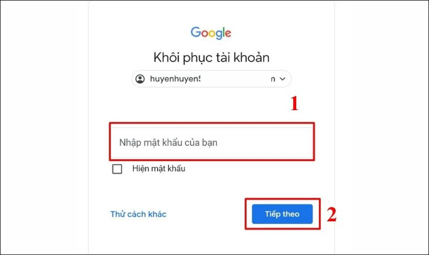 Nhập mật khẩu của tài khoản và nhấn Tiếp theo