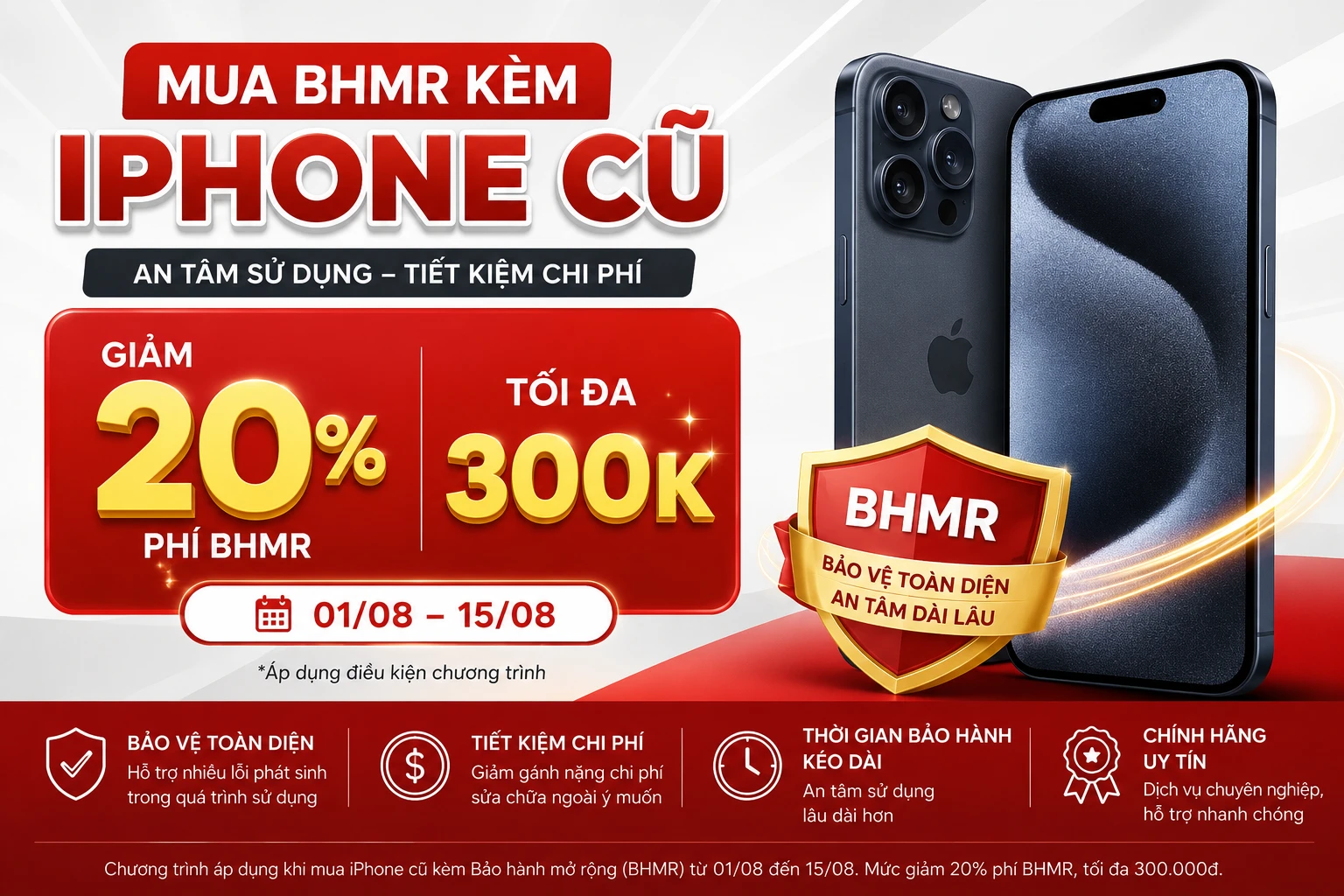Mua iPhone cũ k&egrave;m Bảo h&agrave;nh mở rộng, giảm ngay 20% tối đa 300.000đ