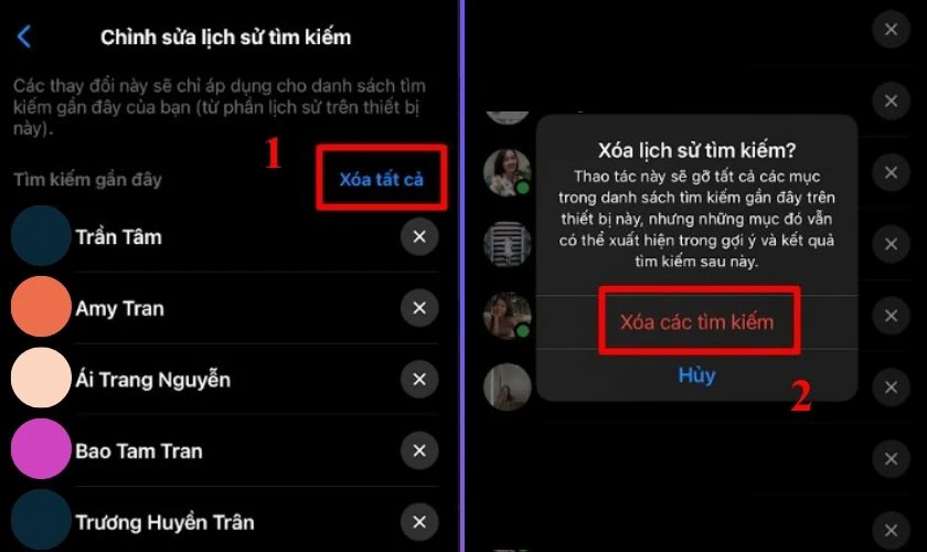 Nhấn chọn X&oacute;a tất cả, chọn X&oacute;a c&aacute;c t&igrave;m kiếm