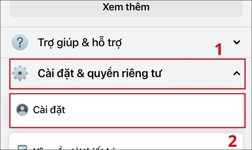 Chọn mục C&agrave;i đặt & quyền ri&ecirc;ng tư v&agrave; nhấn v&agrave;o C&agrave;i đặt