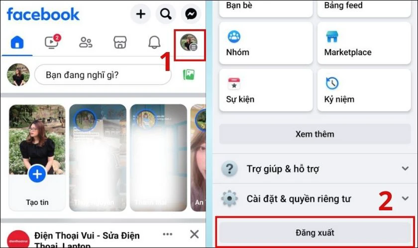 Đăng xuất v&agrave; đăng nhập lại Facebook