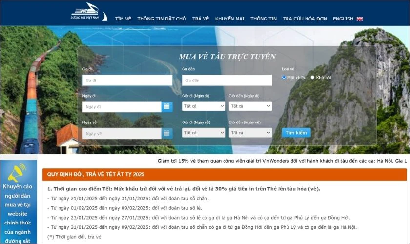 Xem lịch bán vé trên website của Tổng công ty Đường sắt Việt Nam