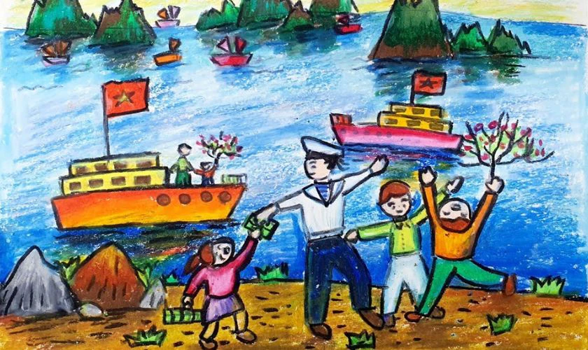 Tranh vẽ chú bộ đội hải quân đón Tết ngoài đảo xa