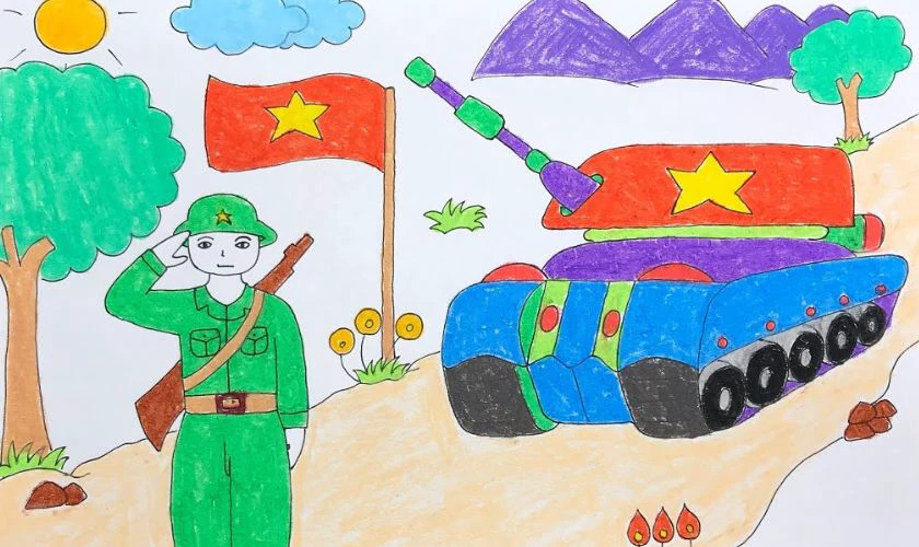Tranh chú bộ đội và xe tăng
