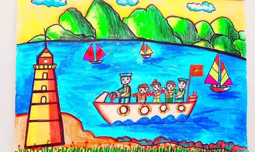 Mẫu vẽ tranh 30/4 đơn giản chủ đề biển đảo