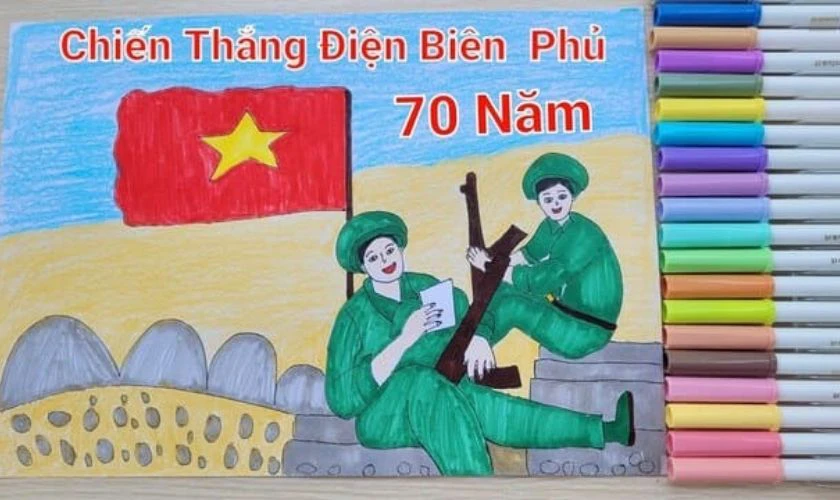 Tranh vẽ chiến thắng Điện Bi&ecirc;n Phủ h&agrave;o h&ugrave;ng năm 1954