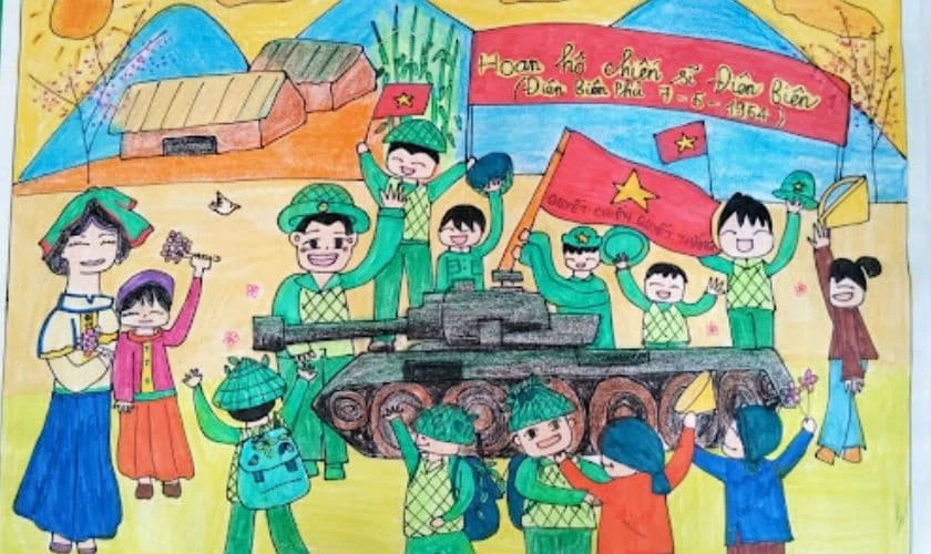 Tranh vẽ người d&acirc;n ăn mừng ng&agrave;y chiến thắng Điện Bi&ecirc;n Phủ