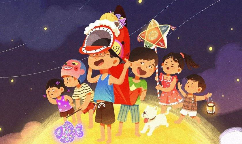 Mẫu tranh vẽ múa lân Trung thu