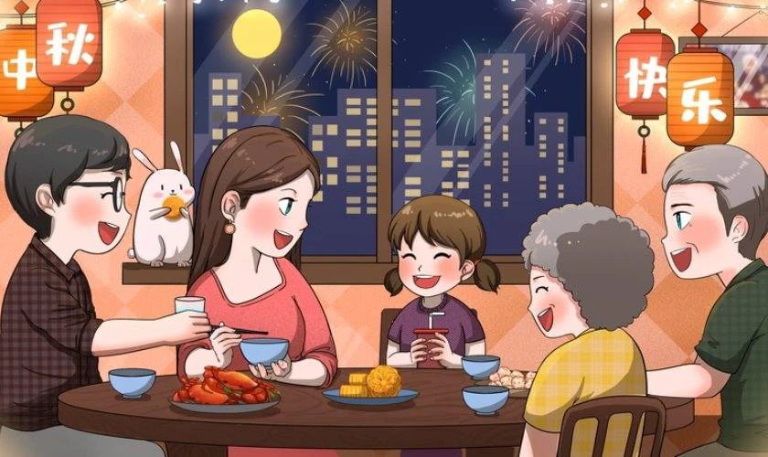 Ảnh cả nhà ngồi ăn bánh uống trà