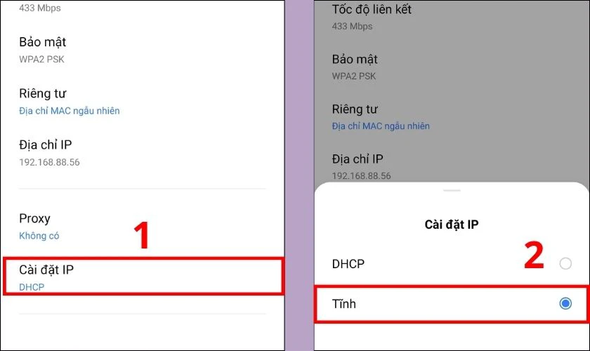 Chọn phần C&agrave;i đặt IP v&agrave; chọn Tĩnh