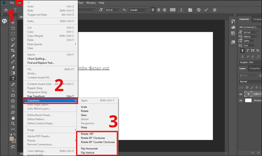 Nhập nội dung bạn muốn, sau đ&oacute; tr&ecirc;n thanh menu, chọn Edit v&agrave; di chuột đến Transform