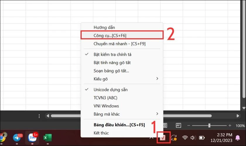 Nhấn chuột phải v&agrave;o Unikey v&agrave; chọn C&ocirc;ng cụ... [CS+F6]