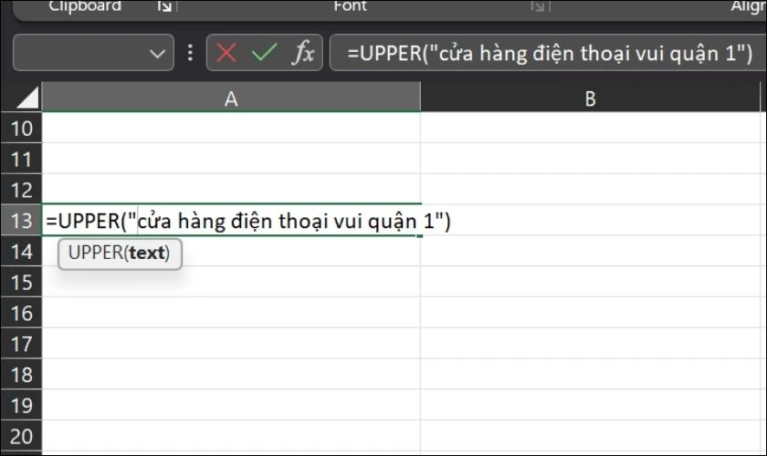 &Aacute;p dụng c&ocirc;ng thức h&agrave;m UPER để viết hoa chữ c&aacute;i đầu trong Excel