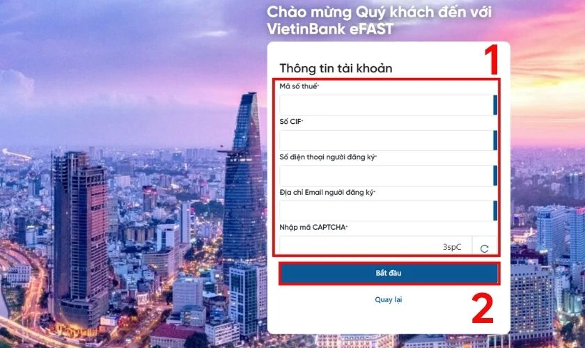 Nhập đầy đủ th&ocirc;ng tin doanh nghiệp v&agrave; nhấn Bắt đầu