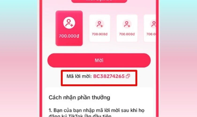 Sao chép trực tiếp mã mời TikTok
