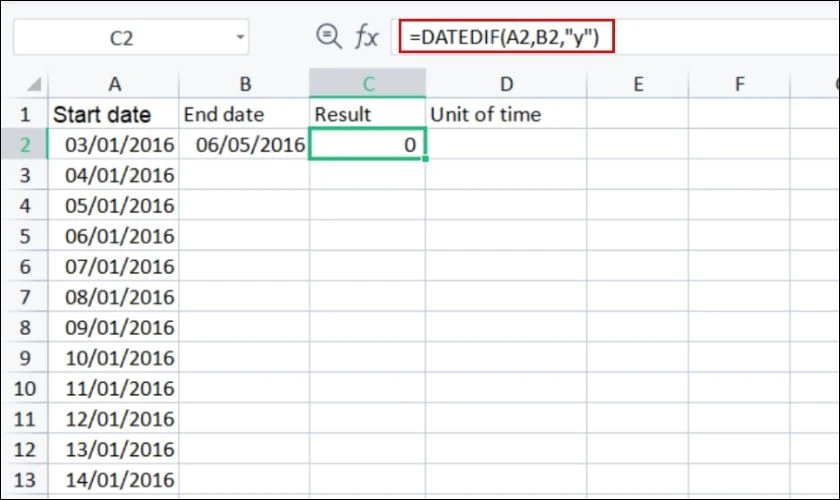 Công thức tính số năm chênh lệch với hàm DATEDIF trong Excel