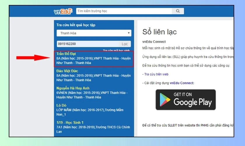 Nhấp v&agrave;o t&ecirc;n học sinh m&agrave; phụ huynh muốn xem th&ocirc;ng tin học tập