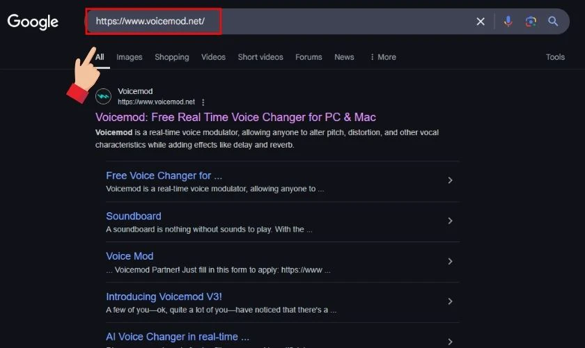 Truy cập v&agrave;o trang web ch&iacute;nh thức của Voicemod