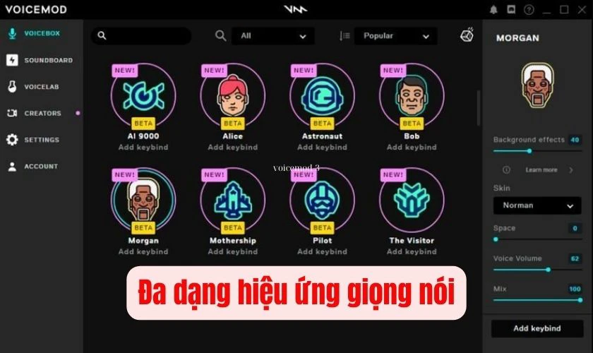 Voicemod mang đến nhiều t&iacute;nh năng hữu &iacute;ch, đa dạng giọng n&oacute;i