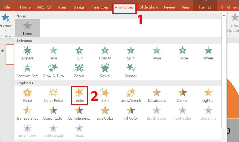 Nhấn vào kim chỉ số, chọn thẻ Animations và chọn tiếp tục vào Teeter