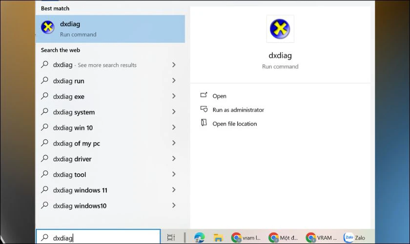 Vào phần tìm kiếm trên thanh Taskbar, nhập từ khóa dxdiag và nhấn Enter