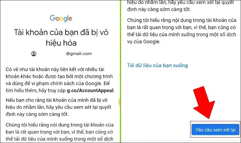 Nhấn chọn mục Yêu cầu xem xét lại