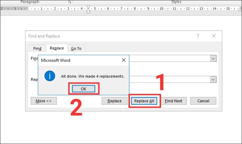 Nhấn Ok để Replace từ v&agrave; cụm từ trong Word 