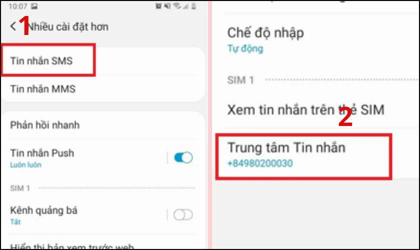 Tìm tới mục Mã số trung tâm tin nhắn và sửa số thành +84980200030