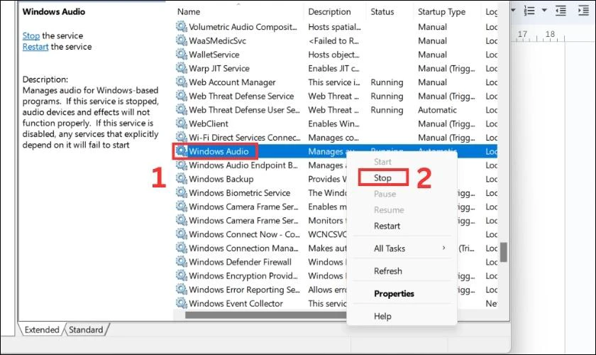 Nhấp chuột phải v&agrave;o dịch vụ Windows Audio