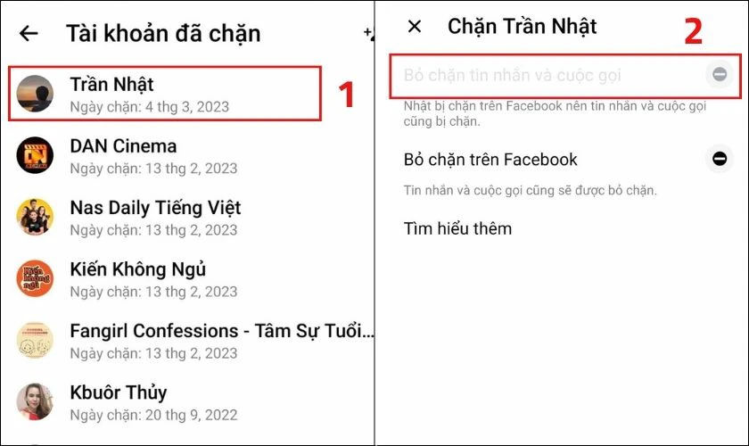 Nh&acirc;́n chọn t&agrave;i khoản cần bỏ chặn v&agrave; chọn mục Bỏ chặn tin nhắn v&agrave; cuộc gọi