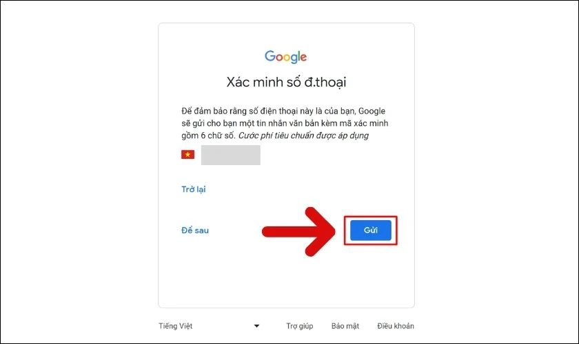 Bấm Gửi để nhận m&atilde; x&aacute;c minh