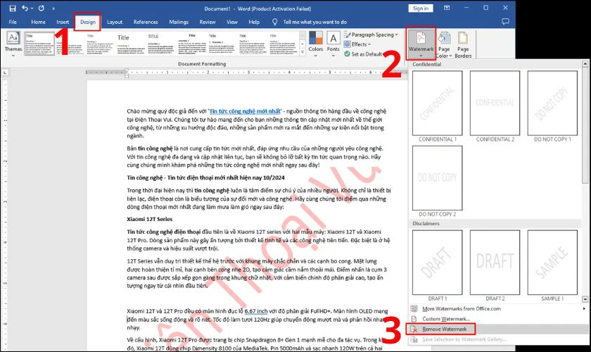 Bỏ nhanh watermark trong Word bằng t&iacute;nh năng Remove Watermark