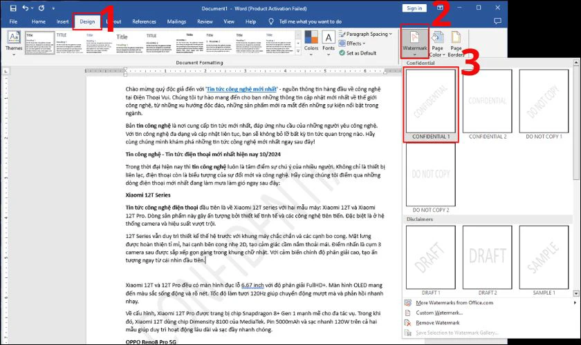 Hướng dẫn c&aacute;ch ch&egrave;n watermark v&agrave;o Word đơn giản nhất