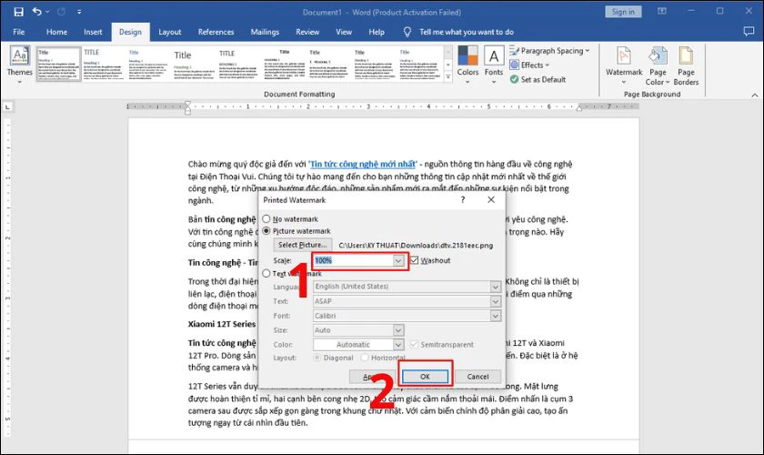 T&ugrave;y chỉnh k&iacute;ch thước watermark tại mục Scale 