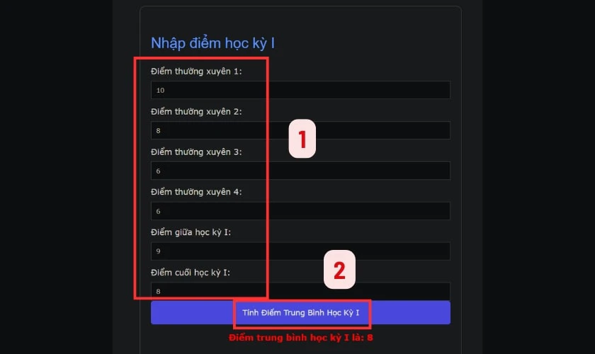 Web t&iacute;nh điểm trung b&igrave;nh m&ocirc;n HK1