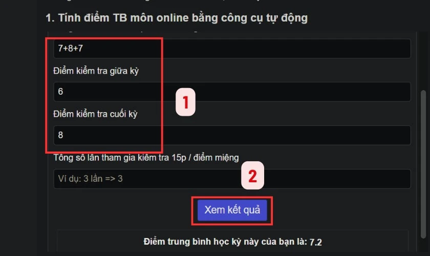 Web t&iacute;nh điểm trung b&igrave;nh m&ocirc;n học kỳ 2