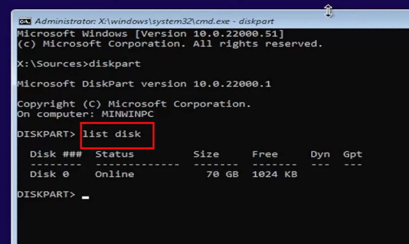 Liệt kê danh sách ổ đĩa bằng cách gõ list disk và nhấn Enter