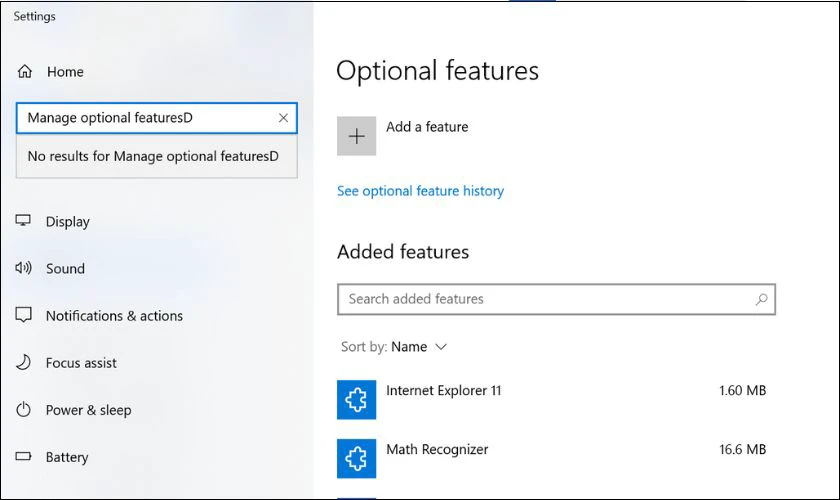 T&igrave;m kiếm Manage optional features v&agrave; bấm chọn