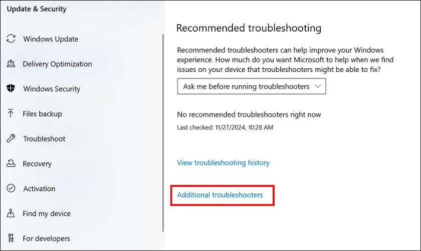 Chọn v&agrave;o mục Troubleshoot, chọn v&agrave;o Additional Troubleshooters