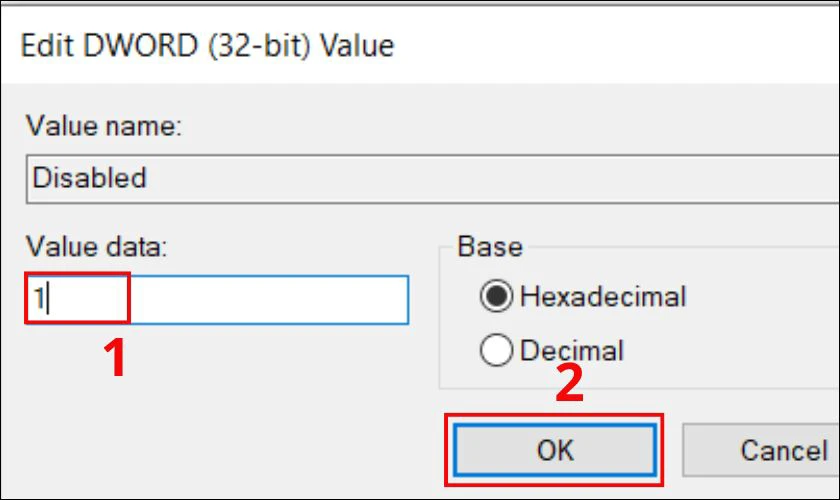 Bạn nhấp đ&uacute;p v&agrave;o gi&aacute; trị vừa tạo v&agrave; chỉnh sửa Value data th&agrave;nh 1
