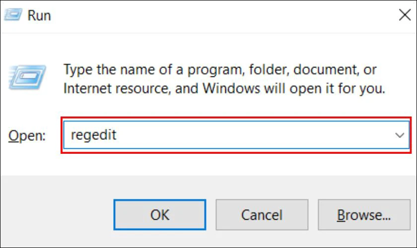 Nhấn tổ hợp ph&iacute;m Windows + R, nhập d&ograve;ng chữ regedit v&agrave; nhấn Enter