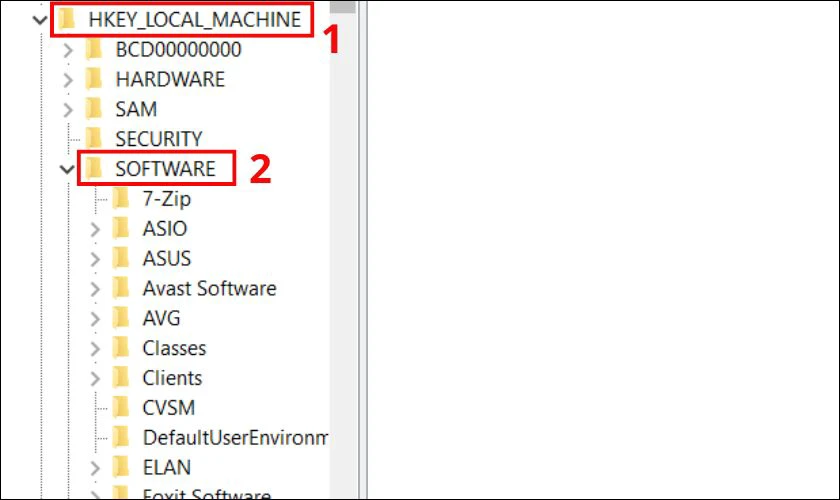 Nhấn chọn mục HKEY_LOCAL_MACHINE sau đ&oacute; chọn SOFTWARE